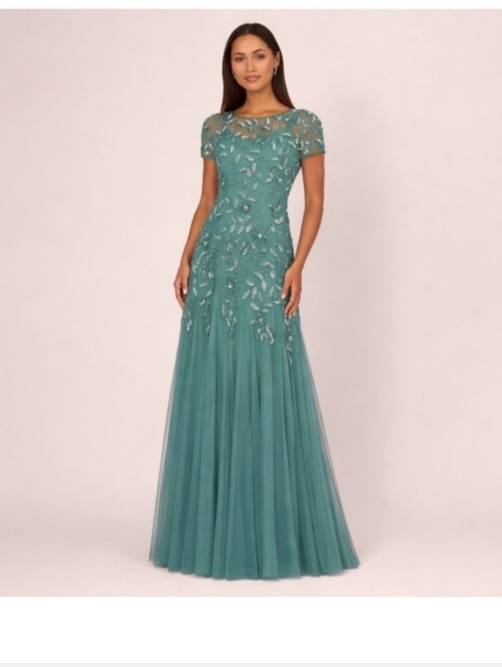 Adrianna Papell Embellished Jade Green Short-Sleeve Evening Gown W/ Godets 20W